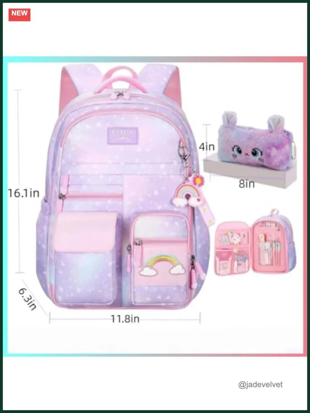 Kawaii Rainbow Cloud Backpack for Girls, Large Capacity School Bookbag with